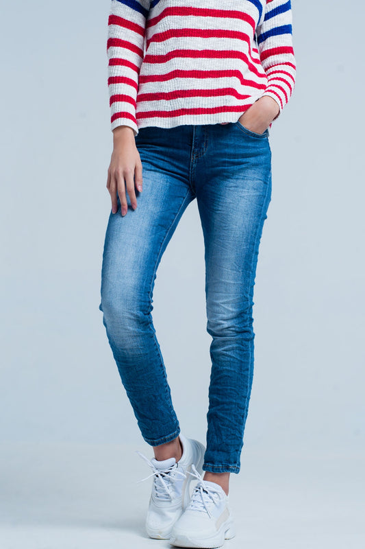 Dark Wash Wrinkled Skinny Jeans - Denim