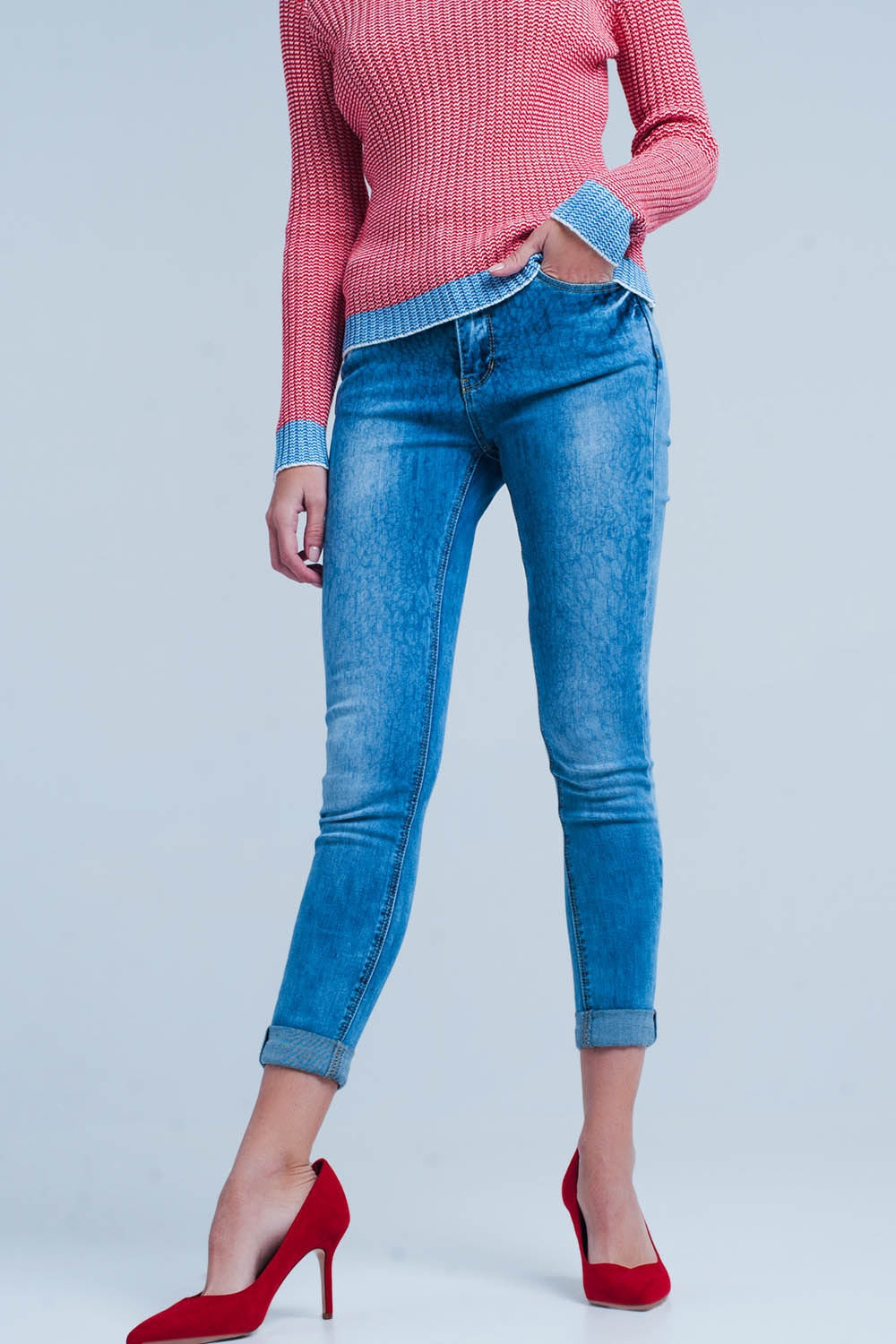 Medium wash skinny jeans with leopard print - Denim