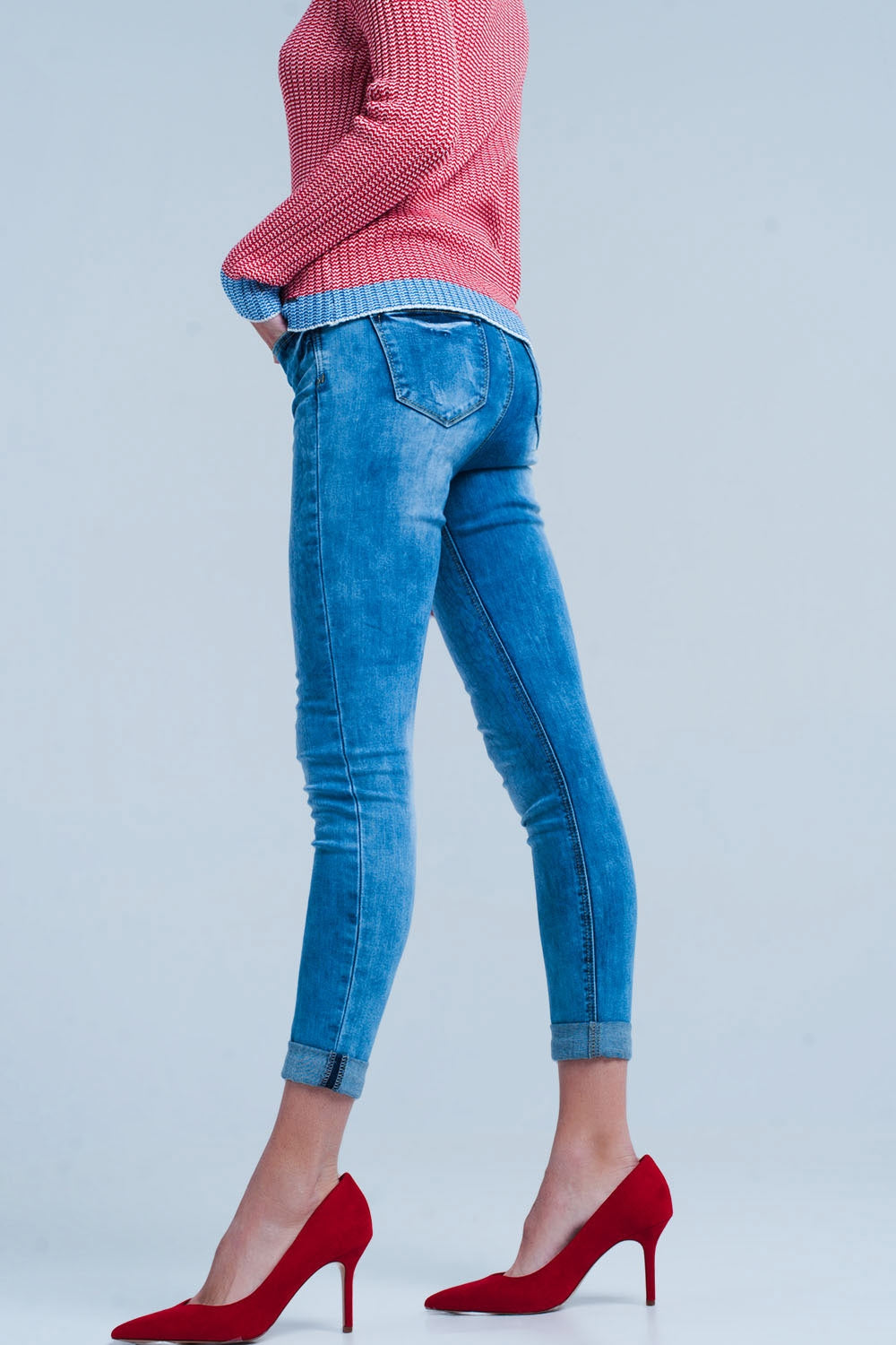 Medium wash skinny jeans with leopard print - Denim