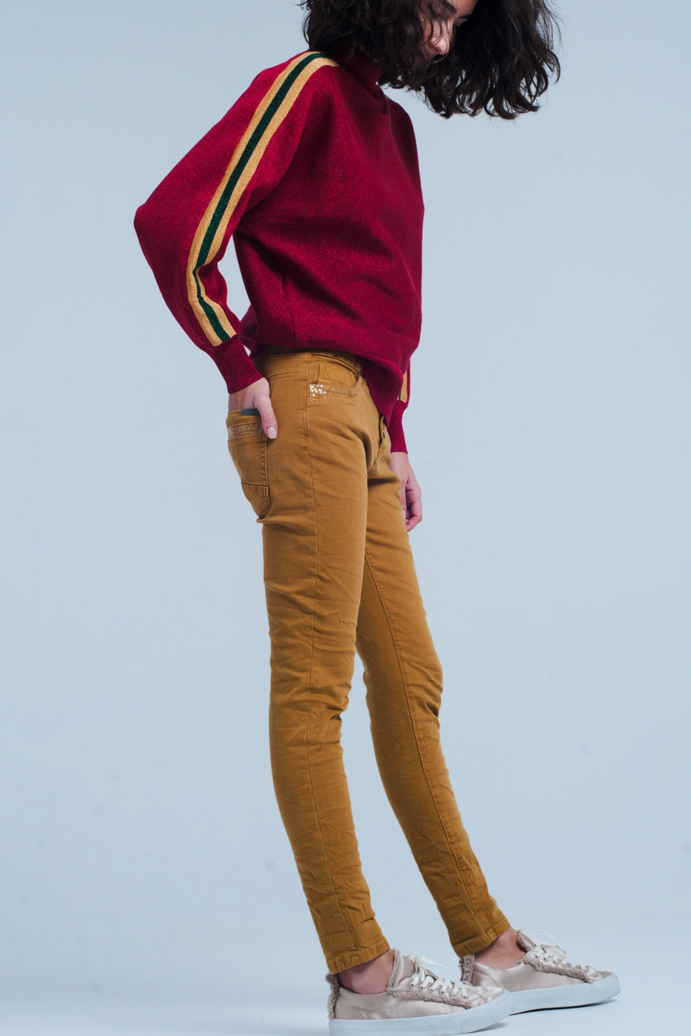 Mustard Skinny Pants with Sequins and Buttons