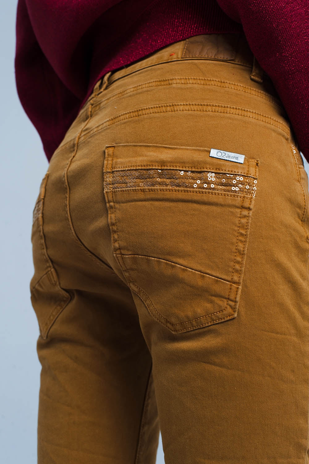 Mustard Skinny Pants with Sequins and Buttons