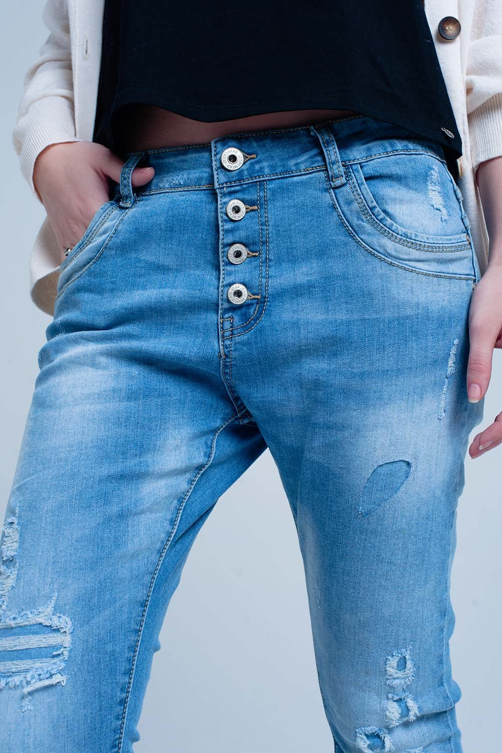 Blue Slashed Boyfriend Jeans - Denim