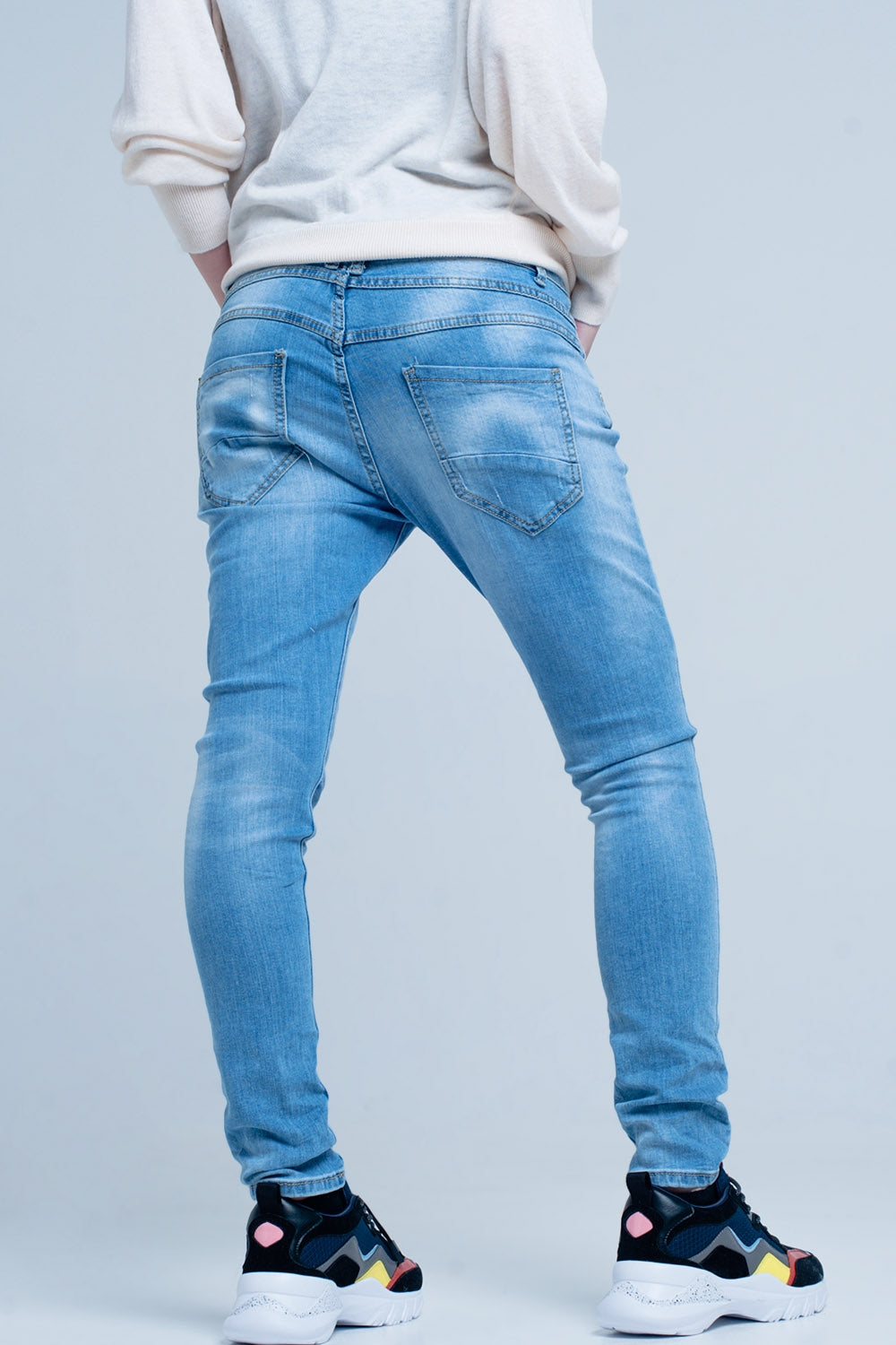 Blue Slashed Boyfriend Jeans - Denim