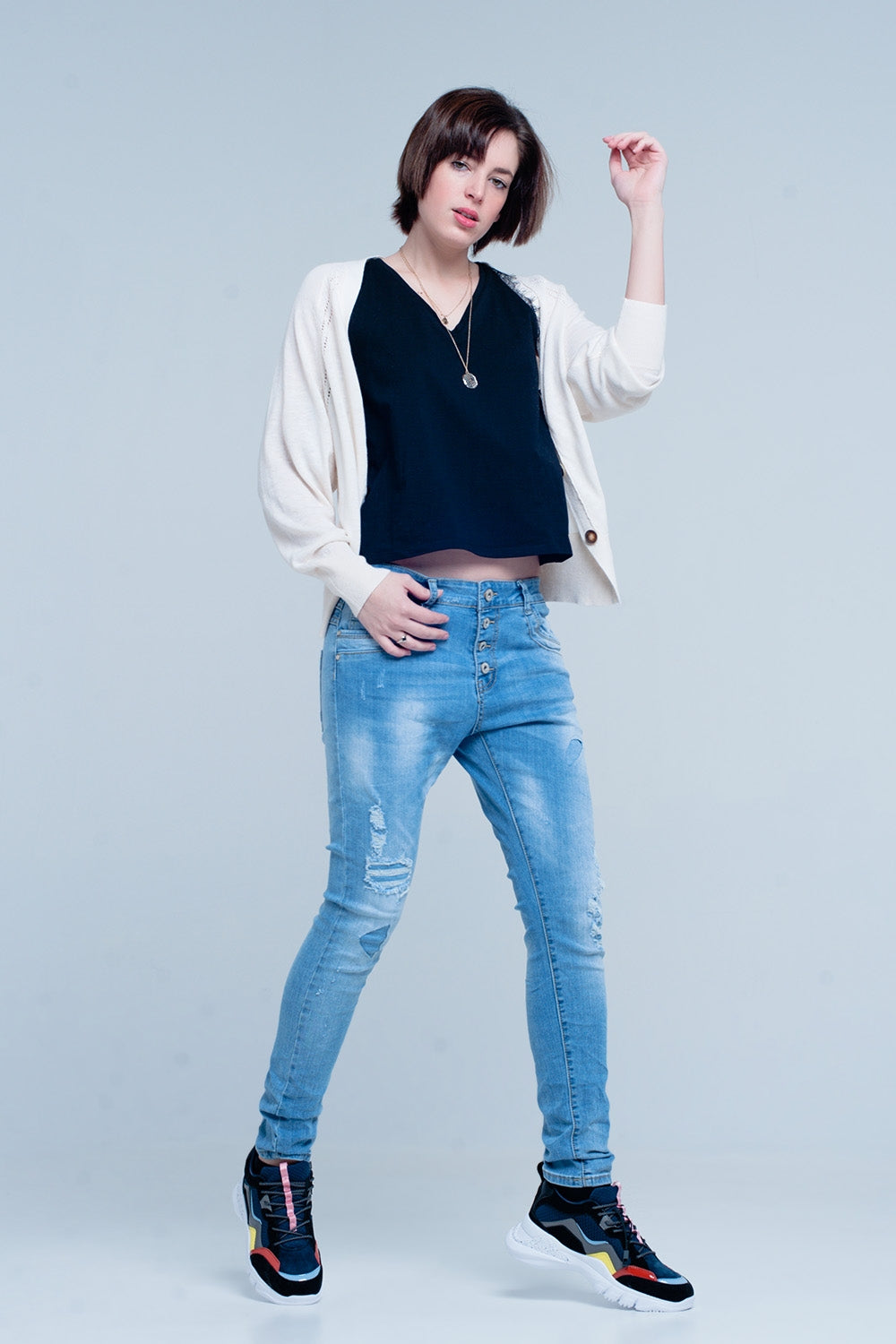 Blue Slashed Boyfriend Jeans - Denim