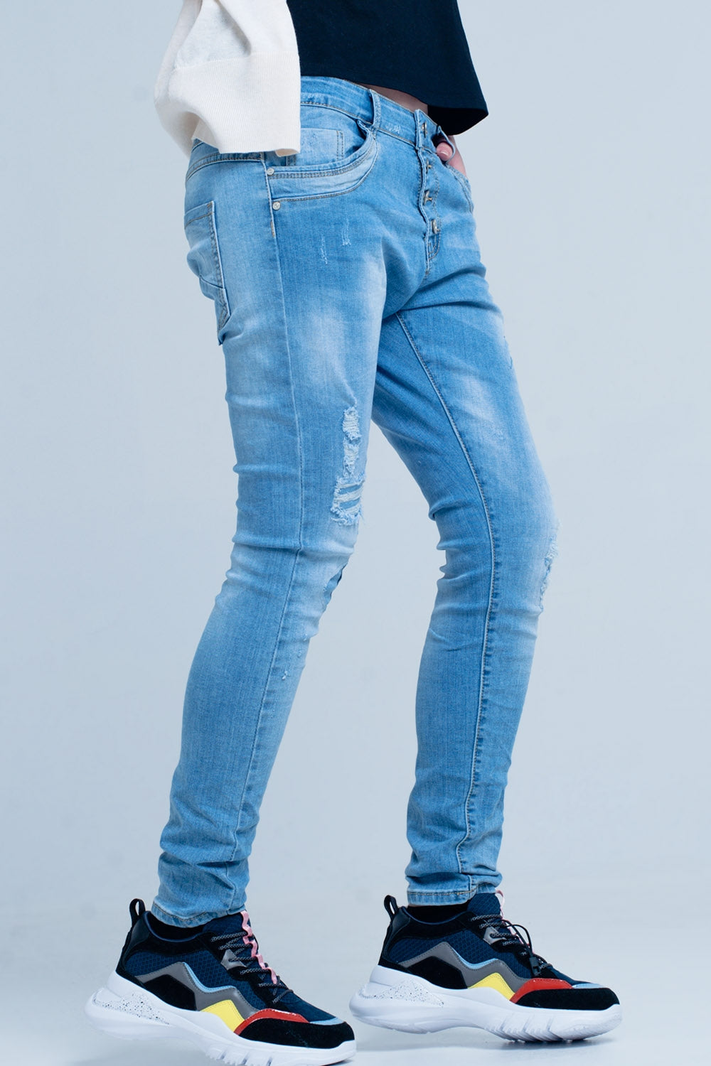 Blue Slashed Boyfriend Jeans - Denim