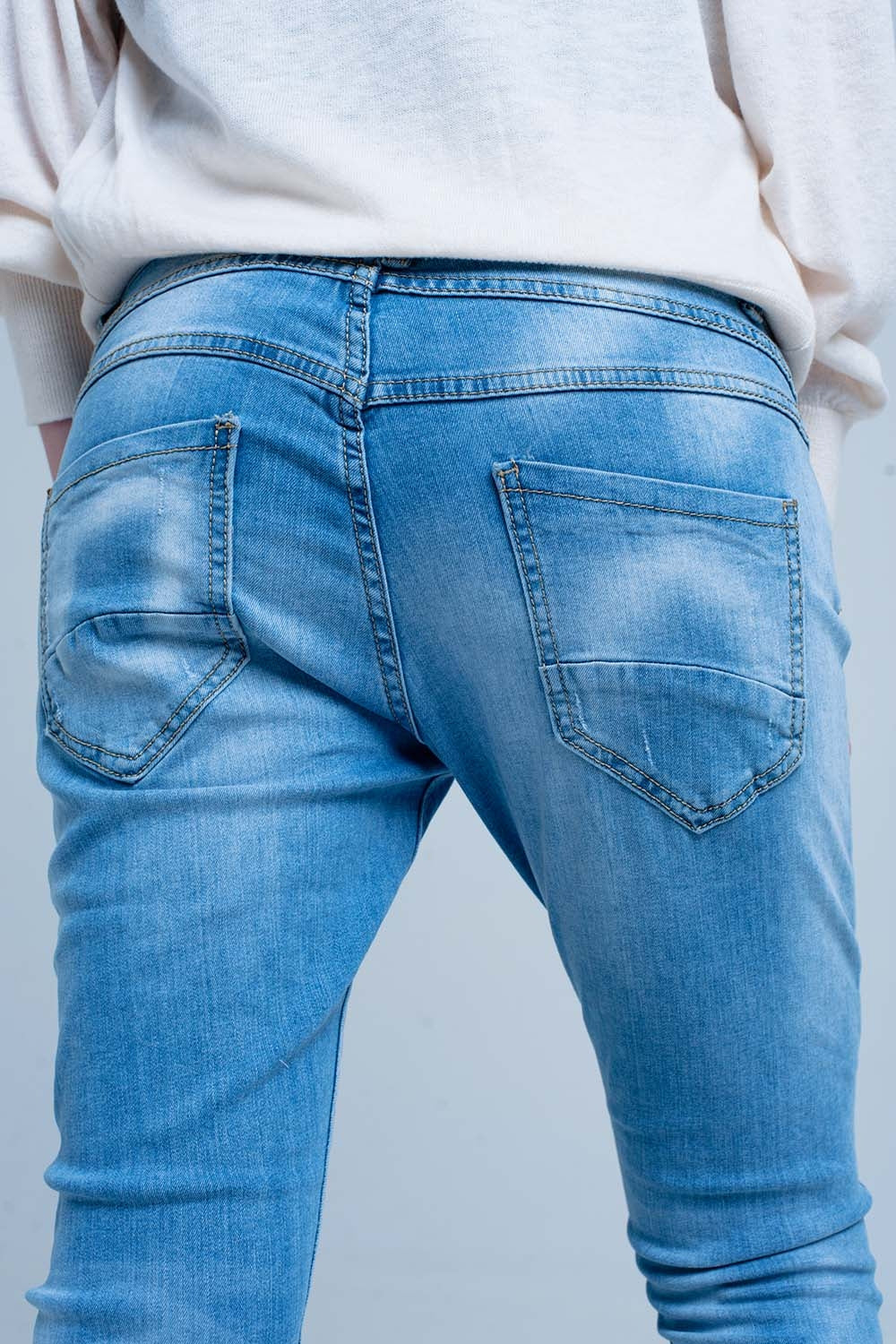 Blue Slashed Boyfriend Jeans - Denim