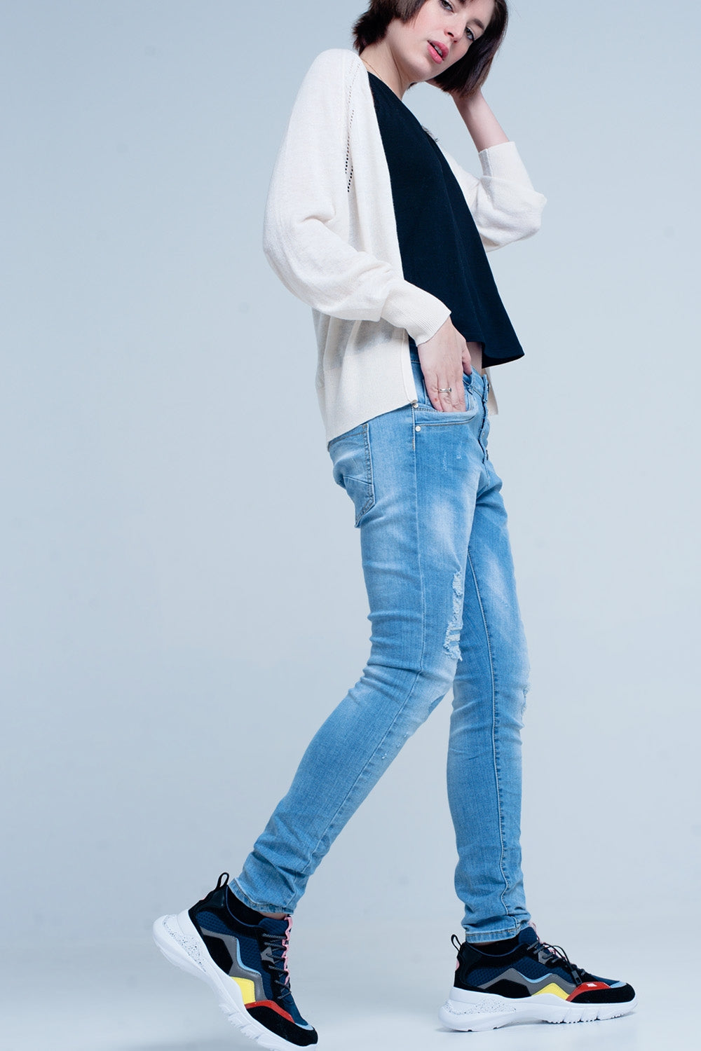 Blue Slashed Boyfriend Jeans - Denim