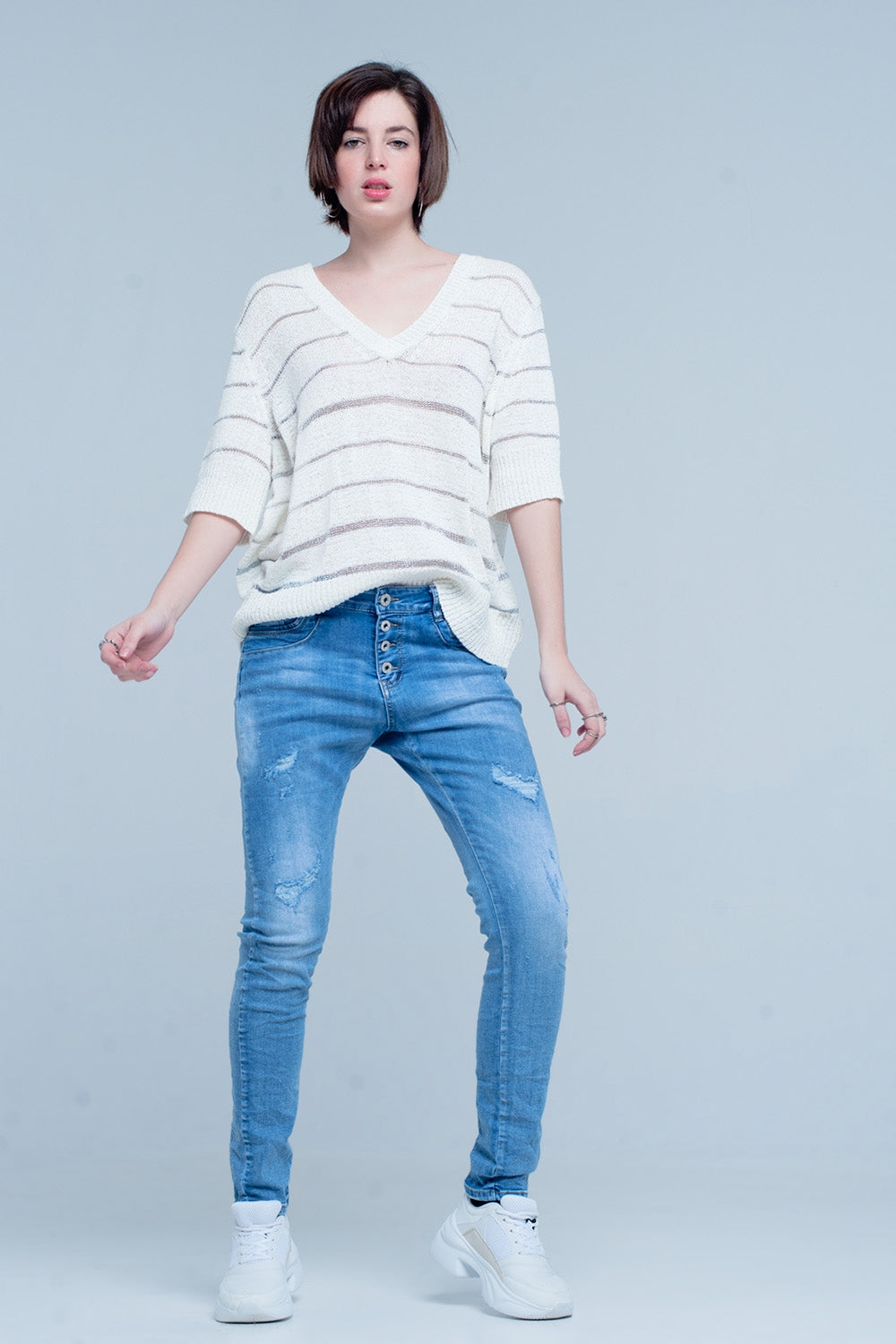 Blue Distressed Boyfriend Jeans - Denim