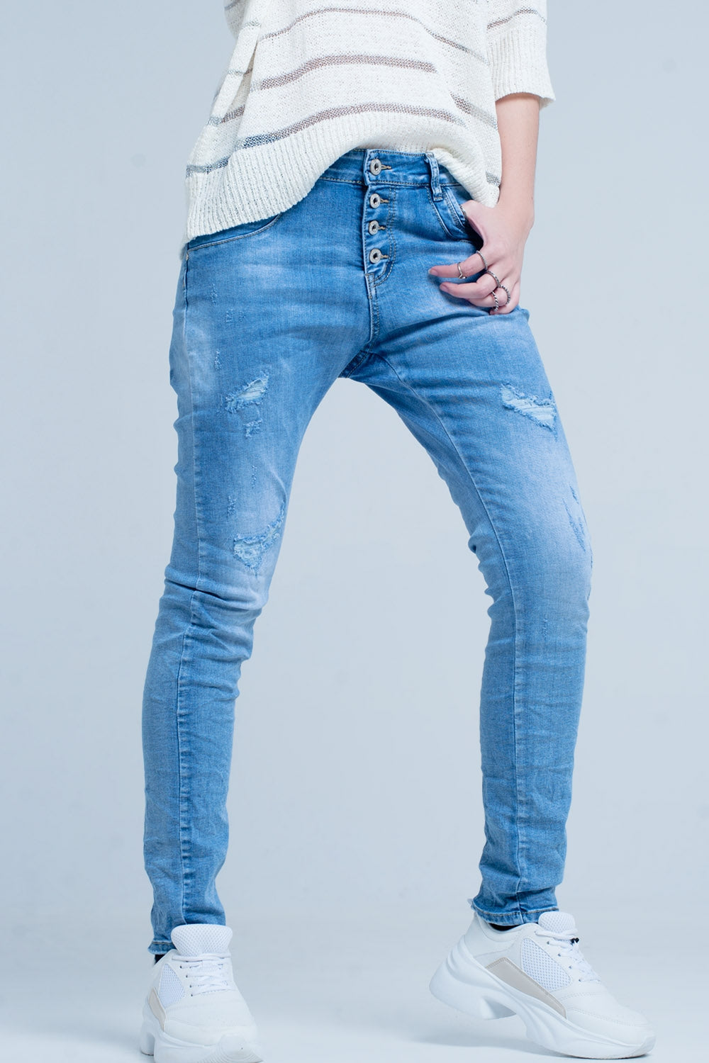 Blue Distressed Boyfriend Jeans - Denim