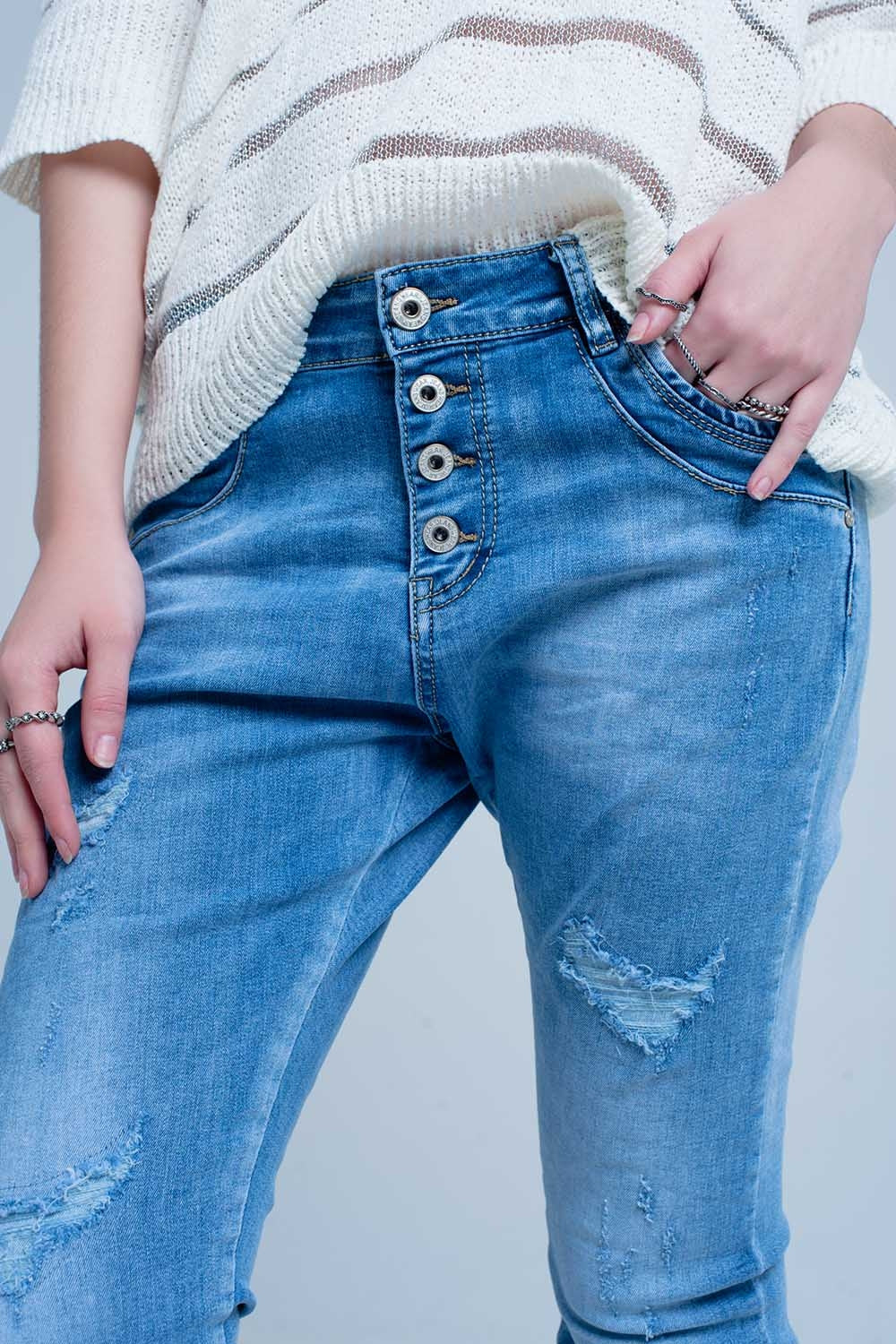 Blue Distressed Boyfriend Jeans - Denim