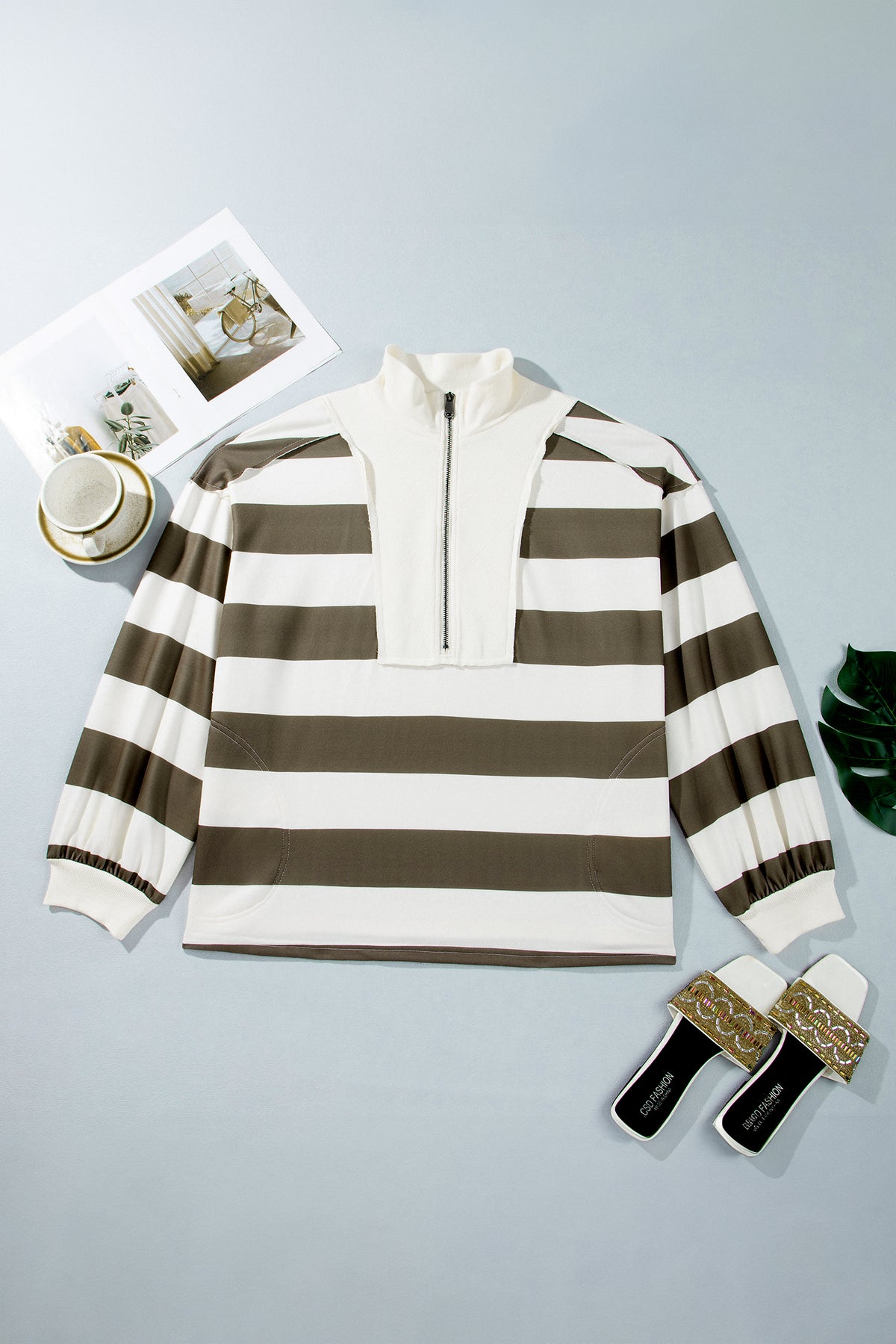 Green Stripe Plus Size Half Zipped Casual Sweatshirt - Plus Size/Plus Size Sweatshirts & Hoodies