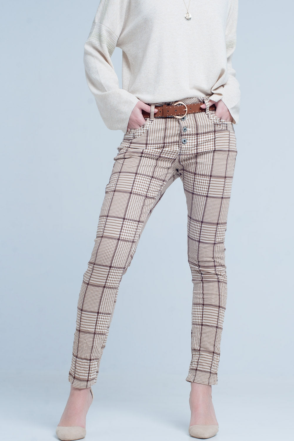 Beige Tartan Boyfriend Jeans - Coloured Jeans