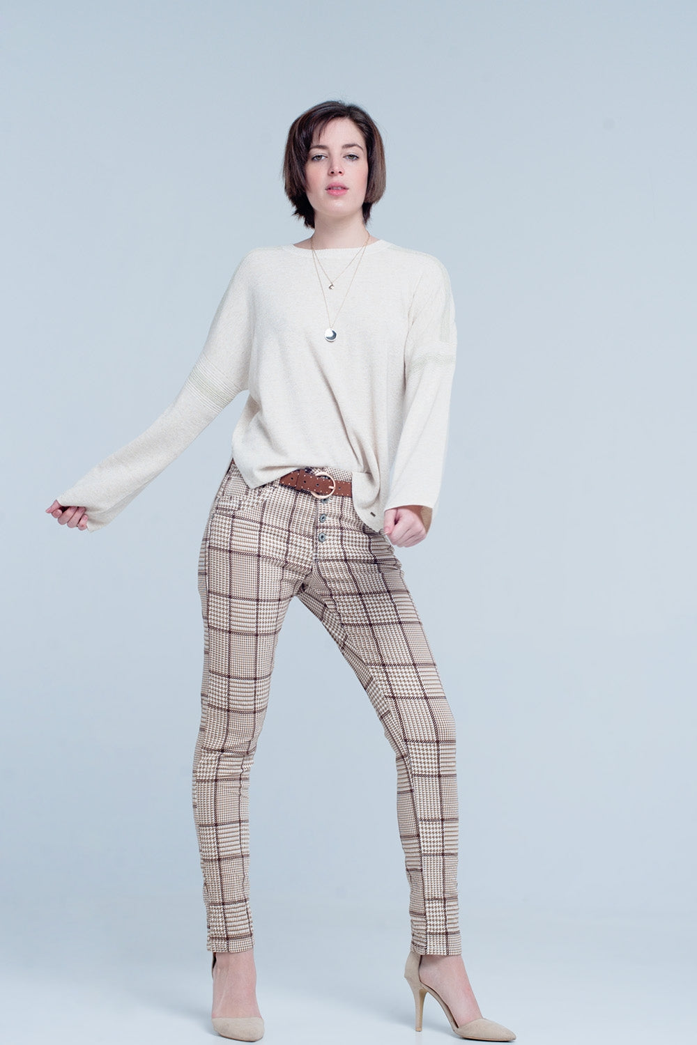 Beige Tartan Boyfriend Jeans - Coloured Jeans