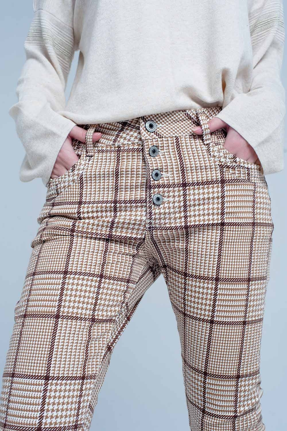Beige Tartan Boyfriend Jeans - Coloured Jeans