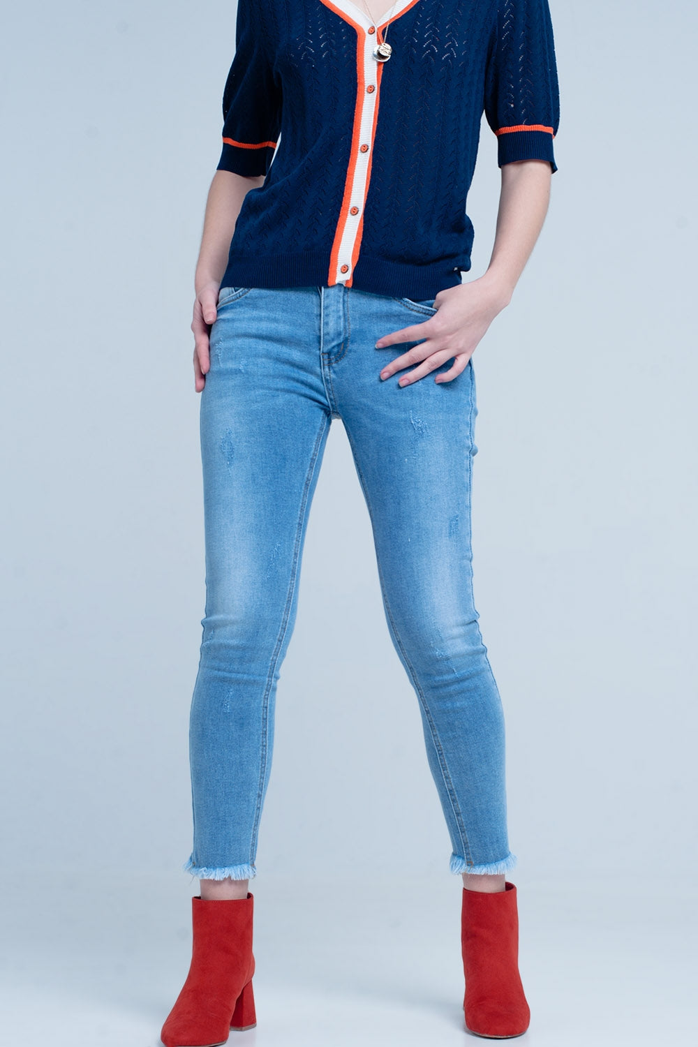 Blue Fringed Skinny Jeans - Denim