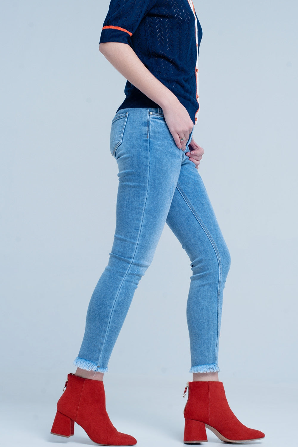 Blue Fringed Skinny Jeans - Denim