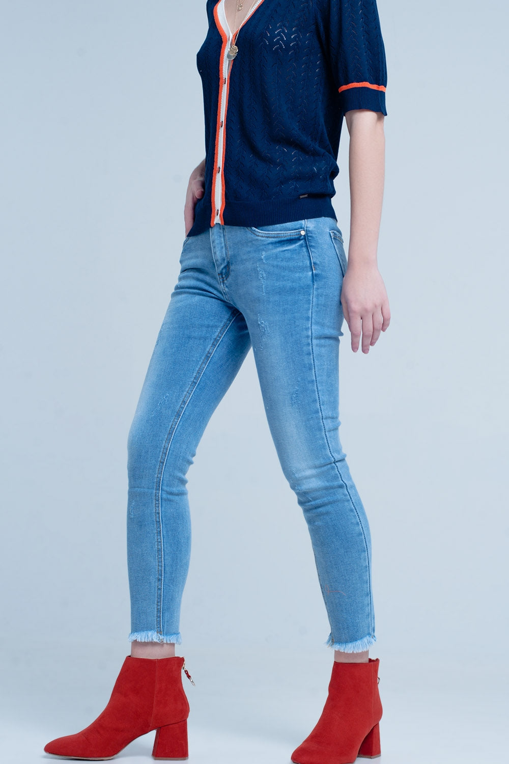 Blue Fringed Skinny Jeans - Denim