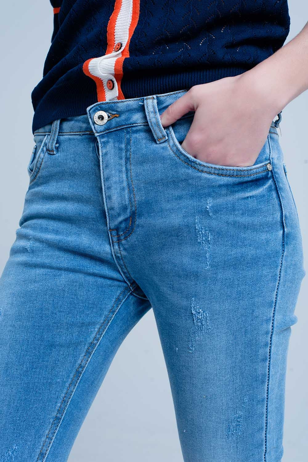 Blue Fringed Skinny Jeans - Denim