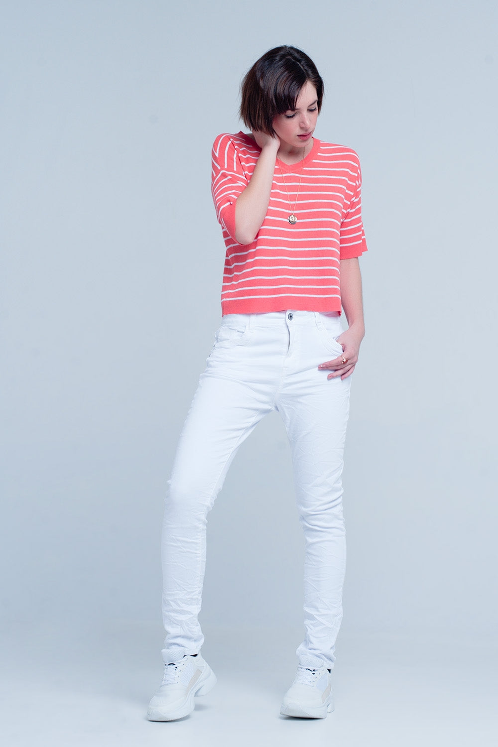 White Wrinkled Skinny Jeans - Coloured Jeans
