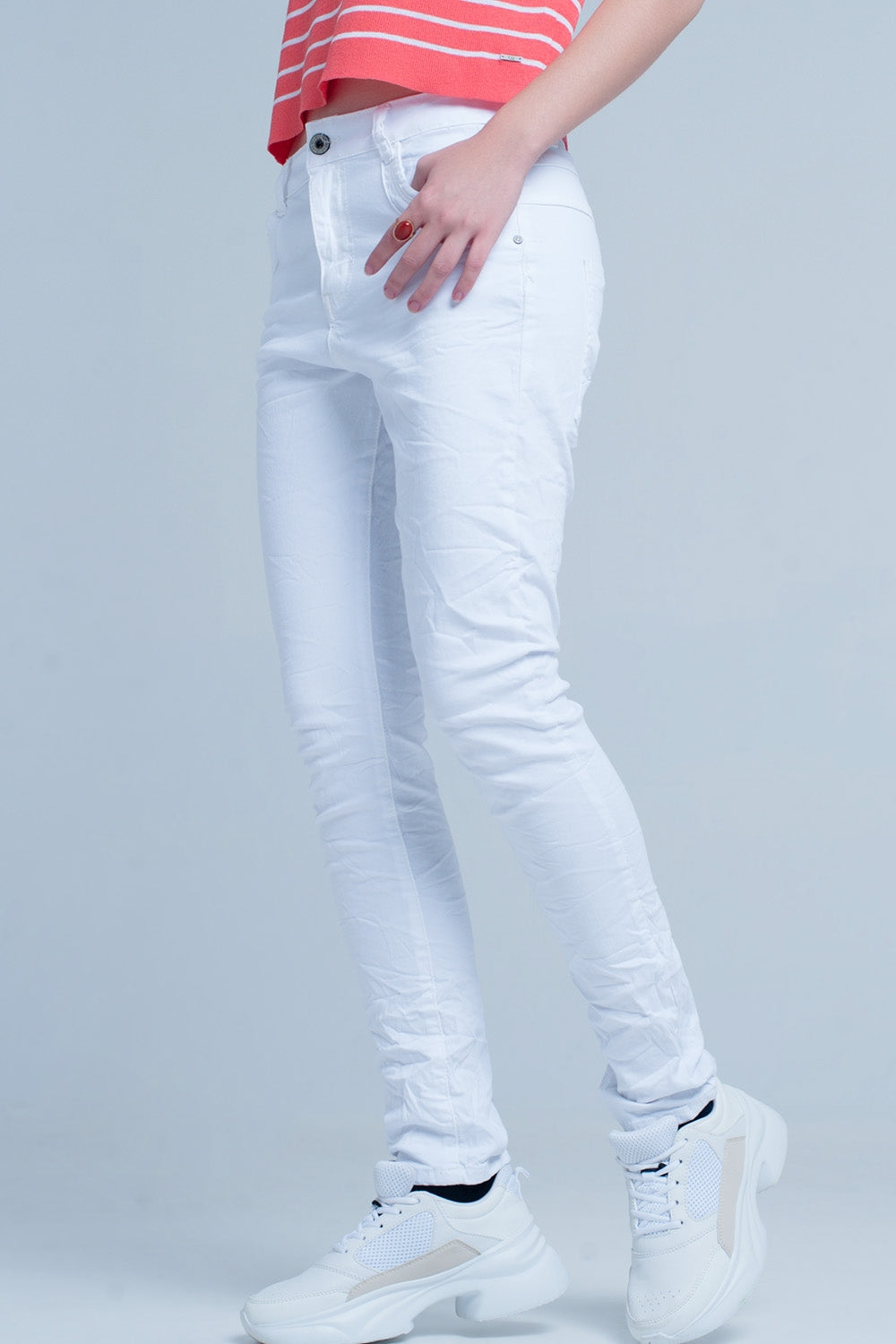 White Wrinkled Skinny Jeans - Coloured Jeans