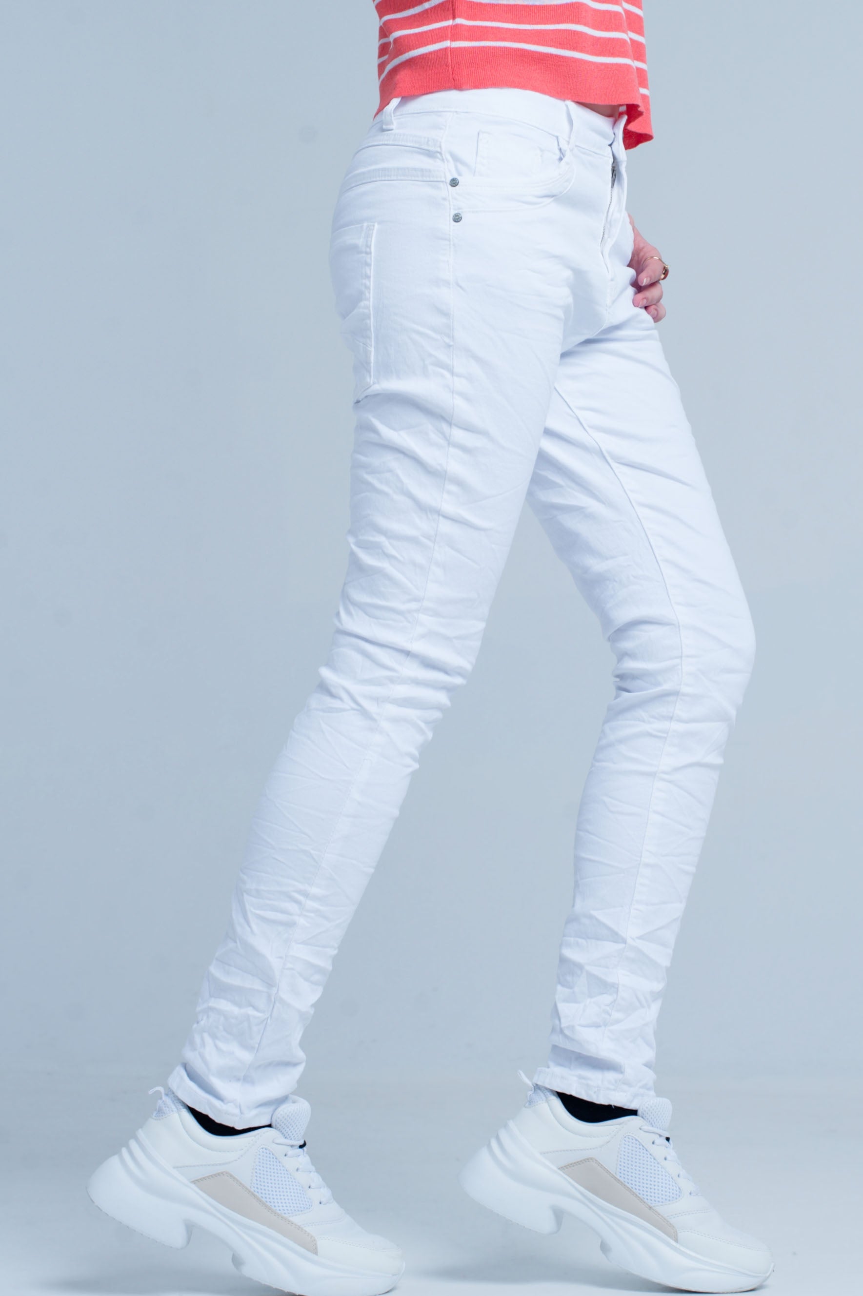 White Wrinkled Skinny Jeans - Coloured Jeans