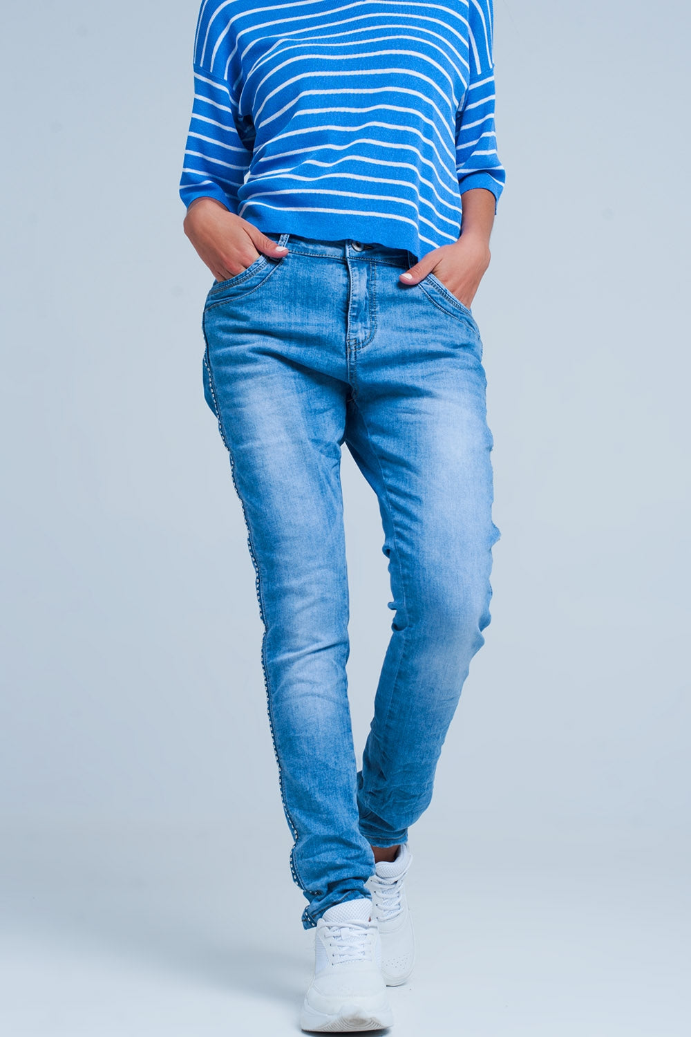 Embellished Side Boyfriend Jeans - Denim