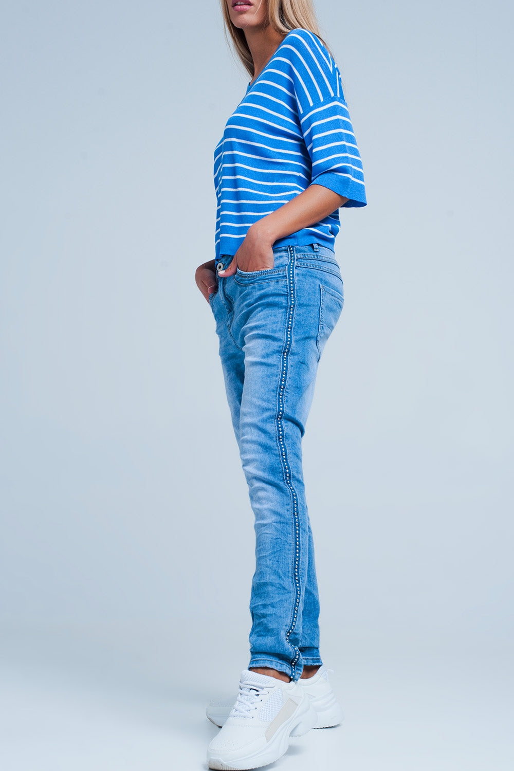 Embellished Side Boyfriend Jeans - Denim