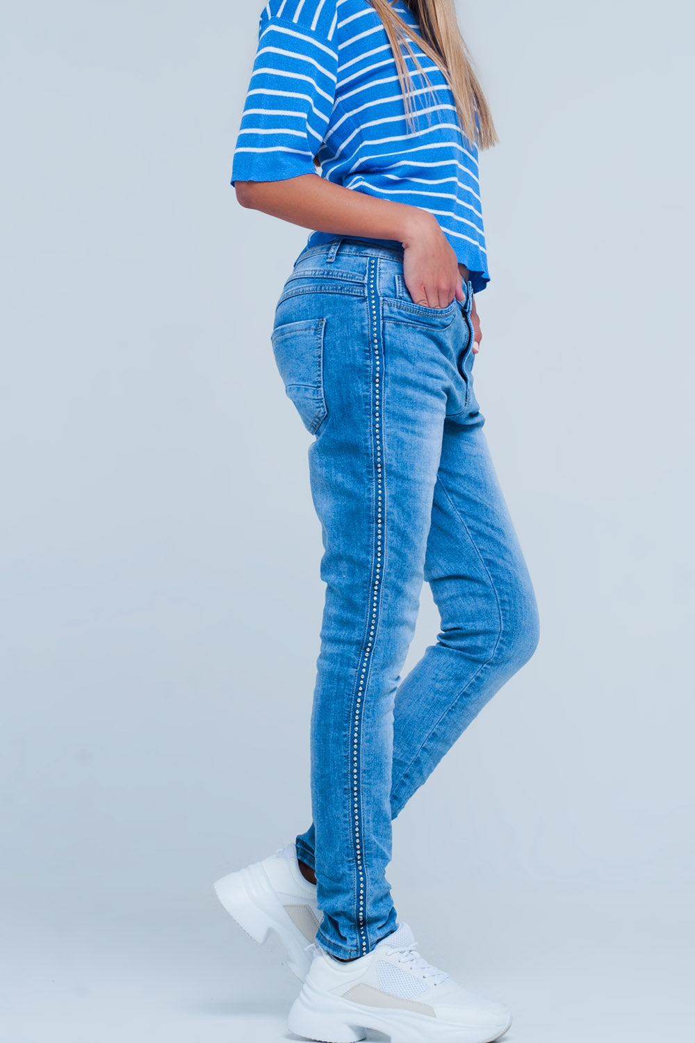 Embellished Side Boyfriend Jeans - Denim