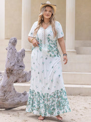 Plus Size Printed Lace Detail Short Sleeve Top and Skirt Set
