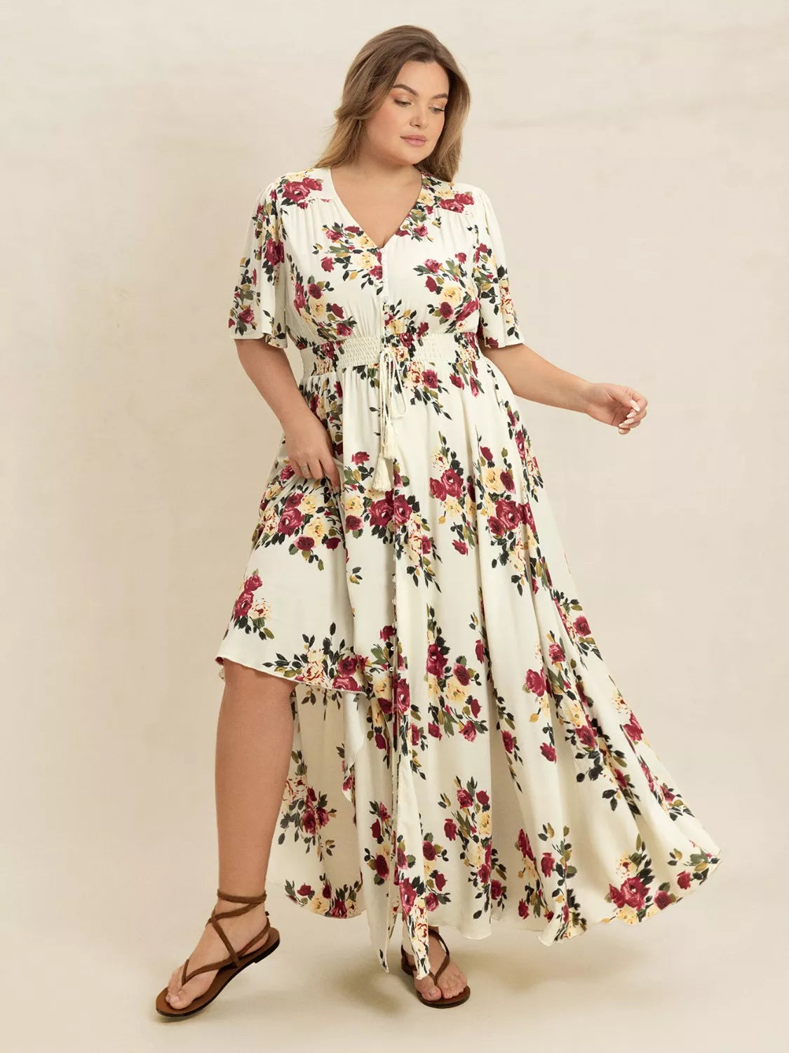 Plus Size Floral Flutter Sleeve Maxi Dress with Button Front -