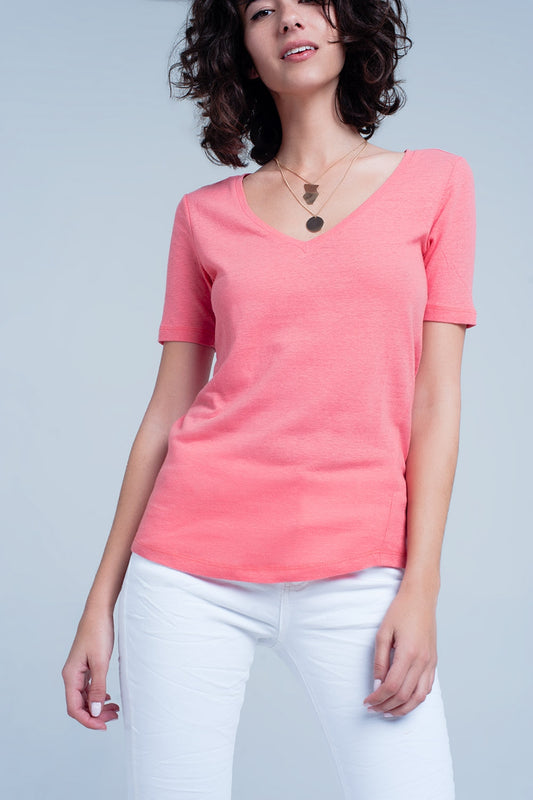 Coral t-shirt with v-neck - top