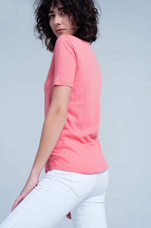 Coral t-shirt with v-neck - top