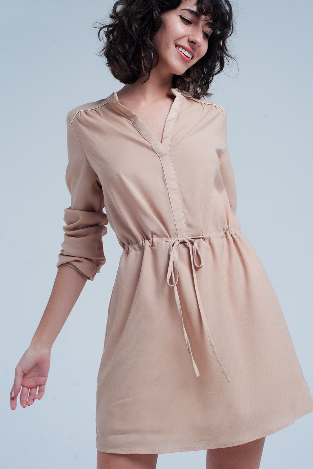 Beige tie waist shirt mini dress - dress
