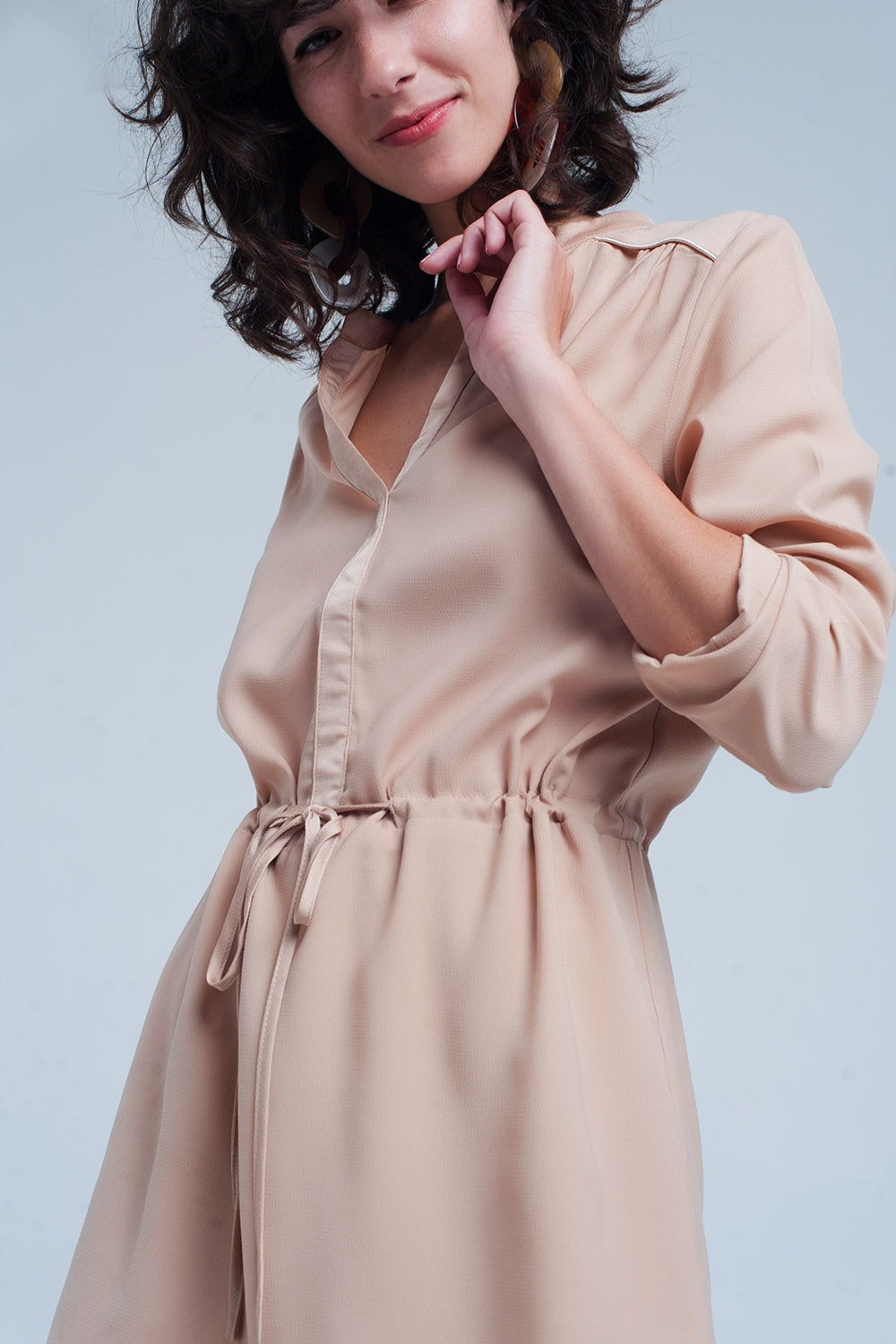 Beige tie waist shirt mini dress - dress