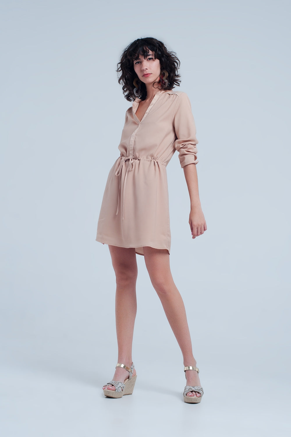 Beige tie waist shirt mini dress - dress