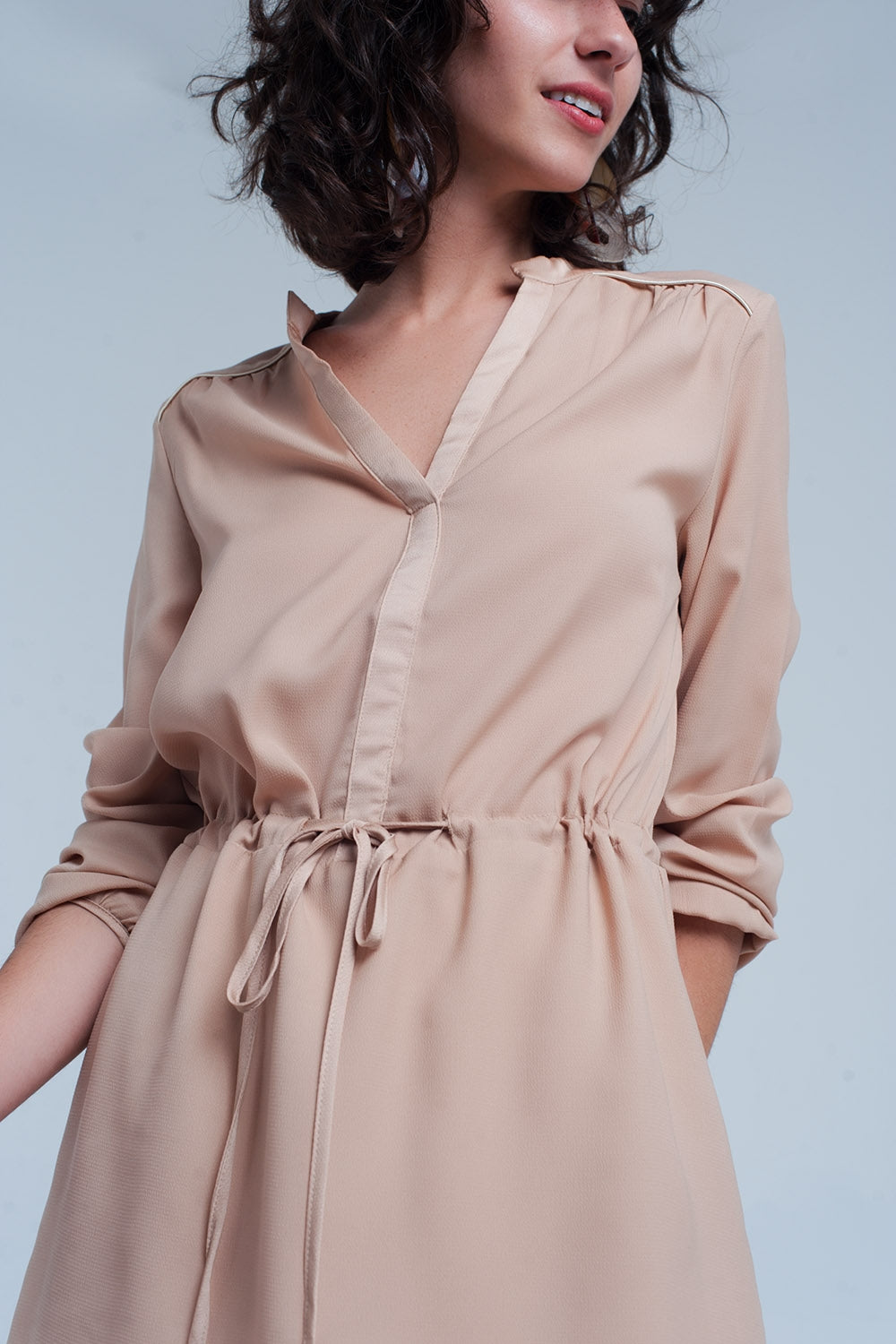 Beige tie waist shirt mini dress - dress