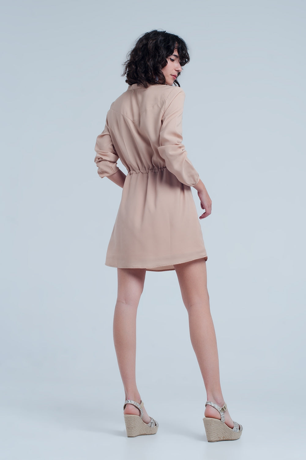 Beige tie waist shirt mini dress - dress
