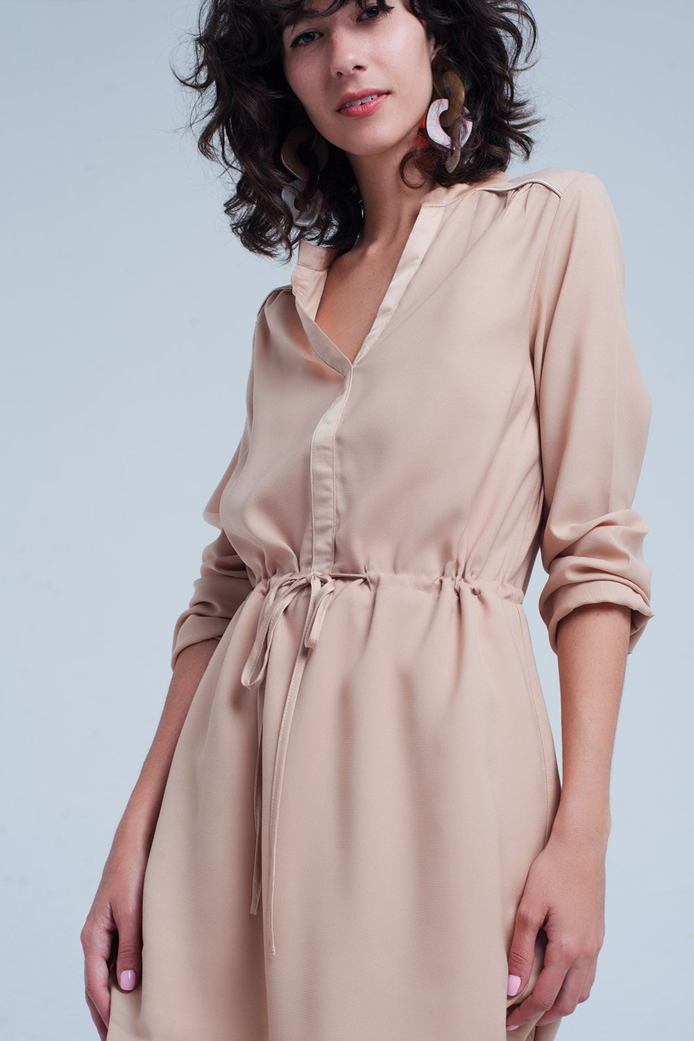 Beige tie waist shirt mini dress - dress