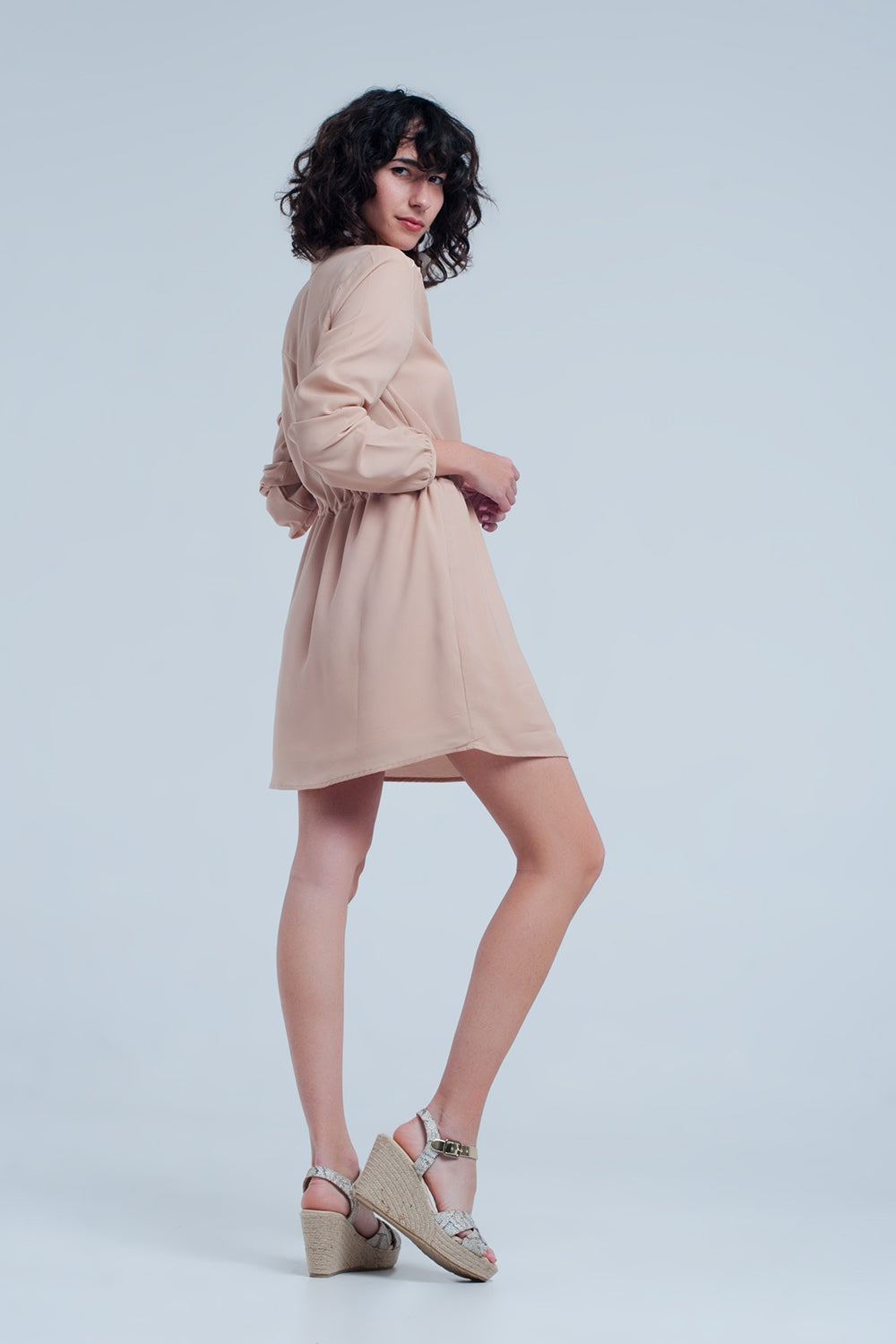 Beige tie waist shirt mini dress - dress