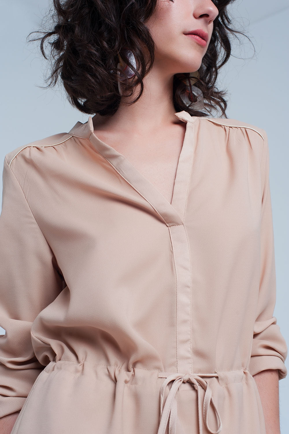 Beige tie waist shirt mini dress - dress