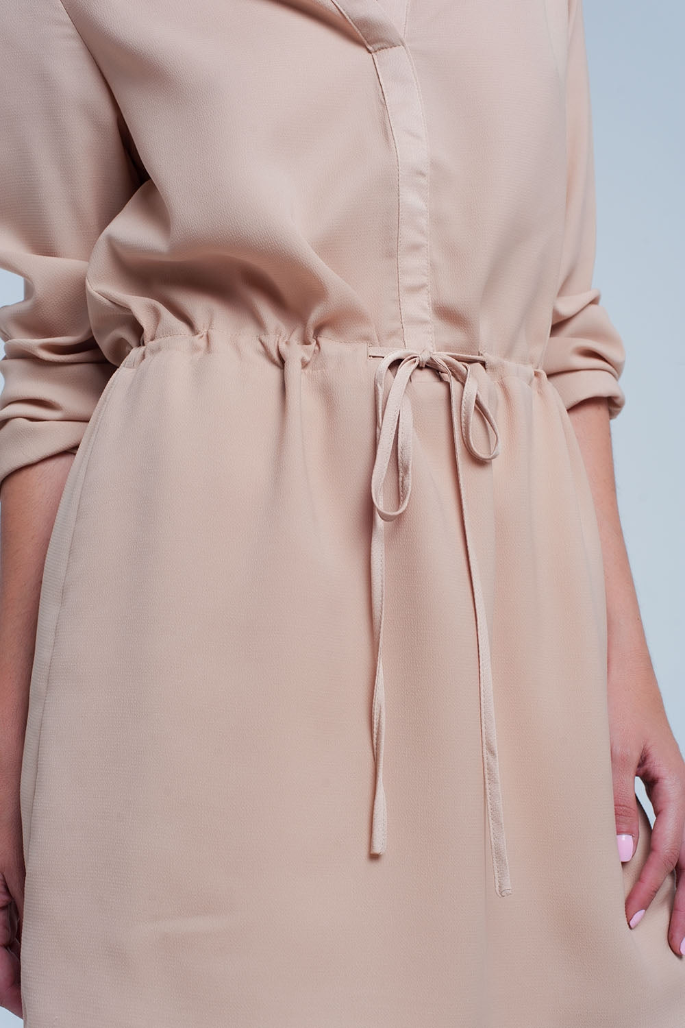 Beige tie waist shirt mini dress - dress