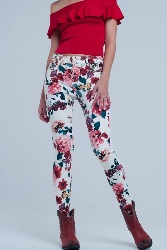 White jeans with roses print - Coloured Jeans