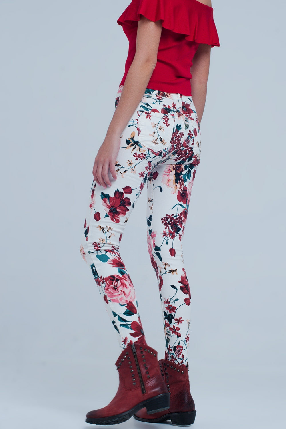 White jeans with roses print - Coloured Jeans