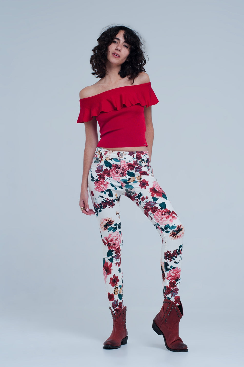 White jeans with roses print - Coloured Jeans
