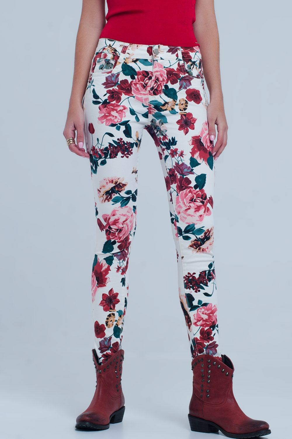 White jeans with roses print - Coloured Jeans