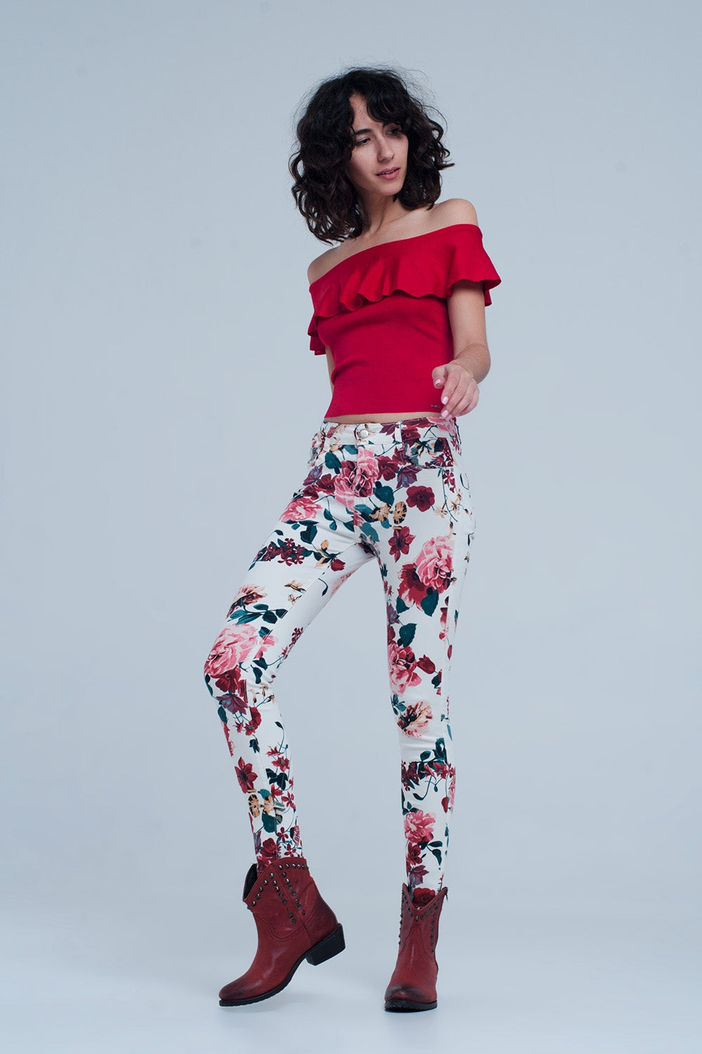 White jeans with roses print - Coloured Jeans