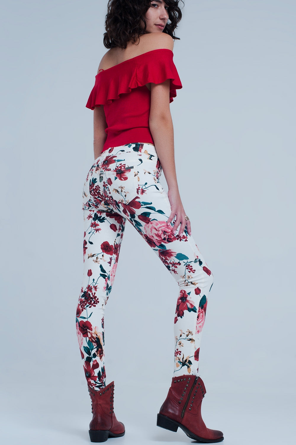 White jeans with roses print - Coloured Jeans