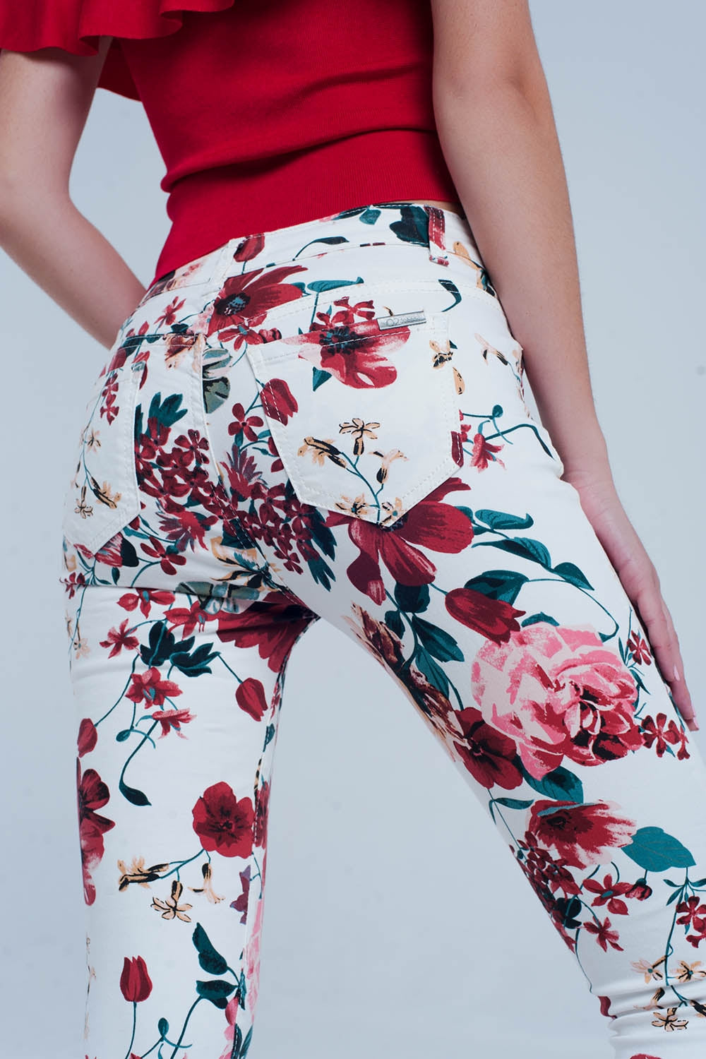 White jeans with roses print - Coloured Jeans