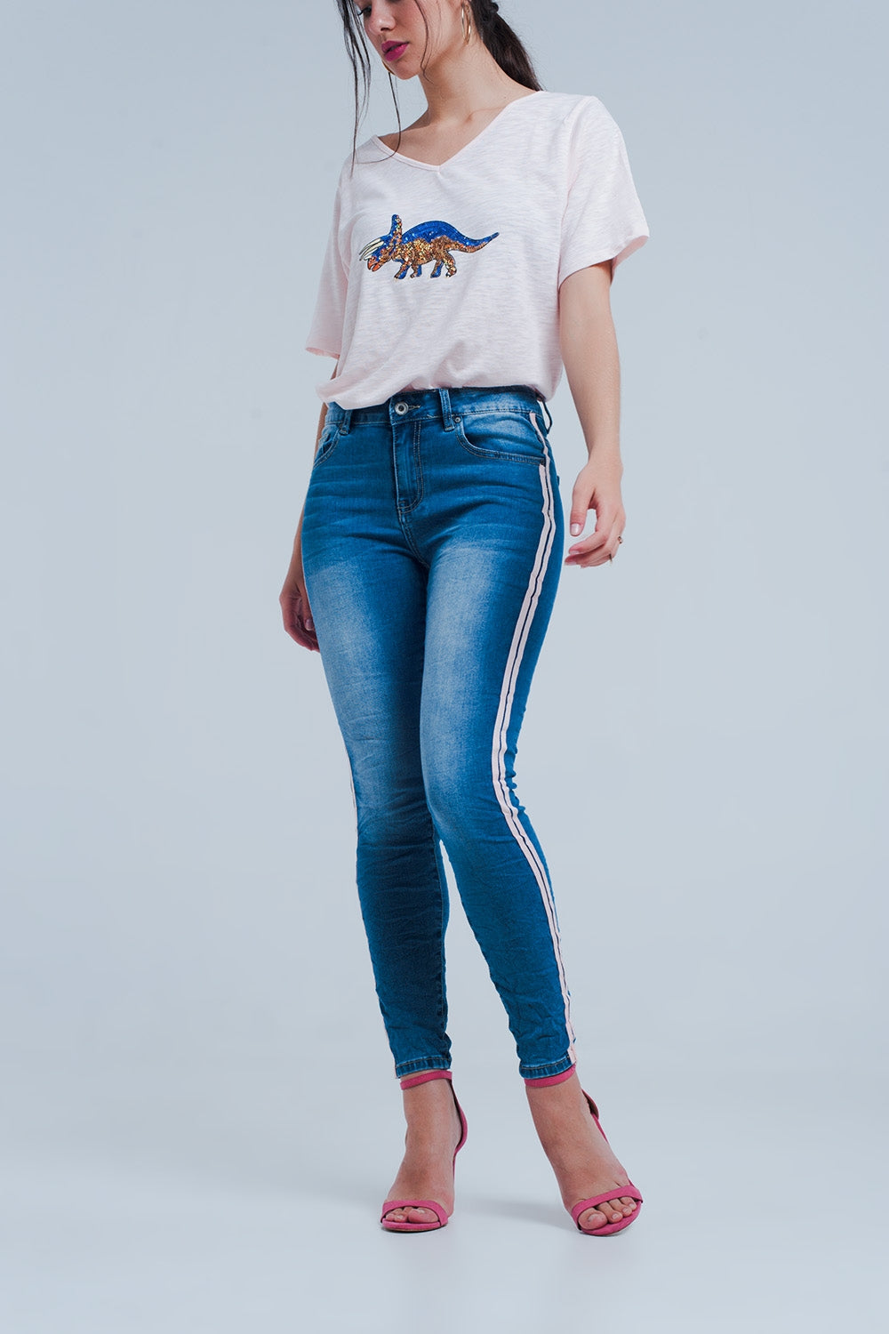 Skinny jeans with side seam stripes - Denim
