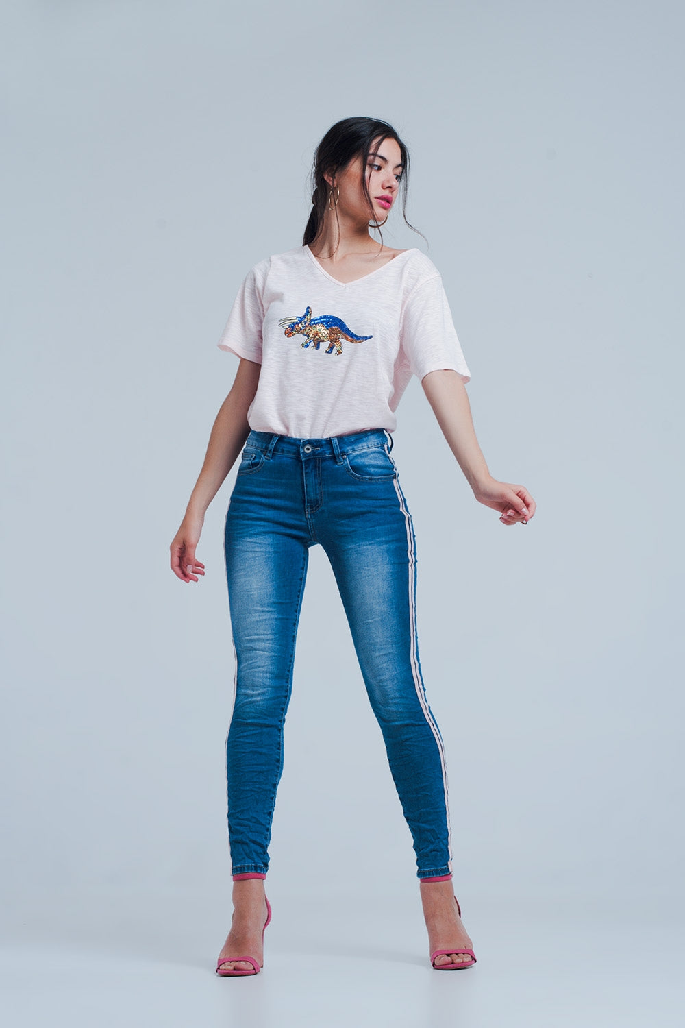 Skinny jeans with side seam stripes - Denim